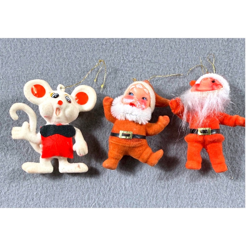 Vintage Japan Flocked Christmas Ornaments Mouse Santas Mid Century Kitsch